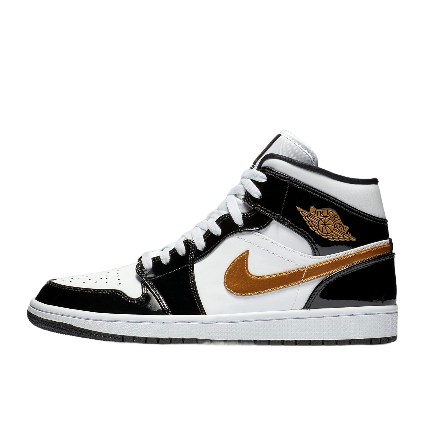 Air Jordan 1 Mid Patent Black White Gold