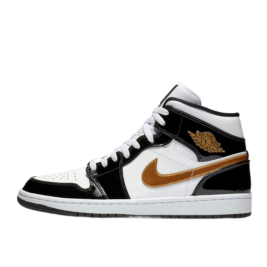 Air Jordan 1 Mid Patent Black White Gold