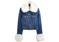 Gap x Sandy Liang Veste Courte en Jean en Fausse Fourrure Femme Bleu Starry Eye